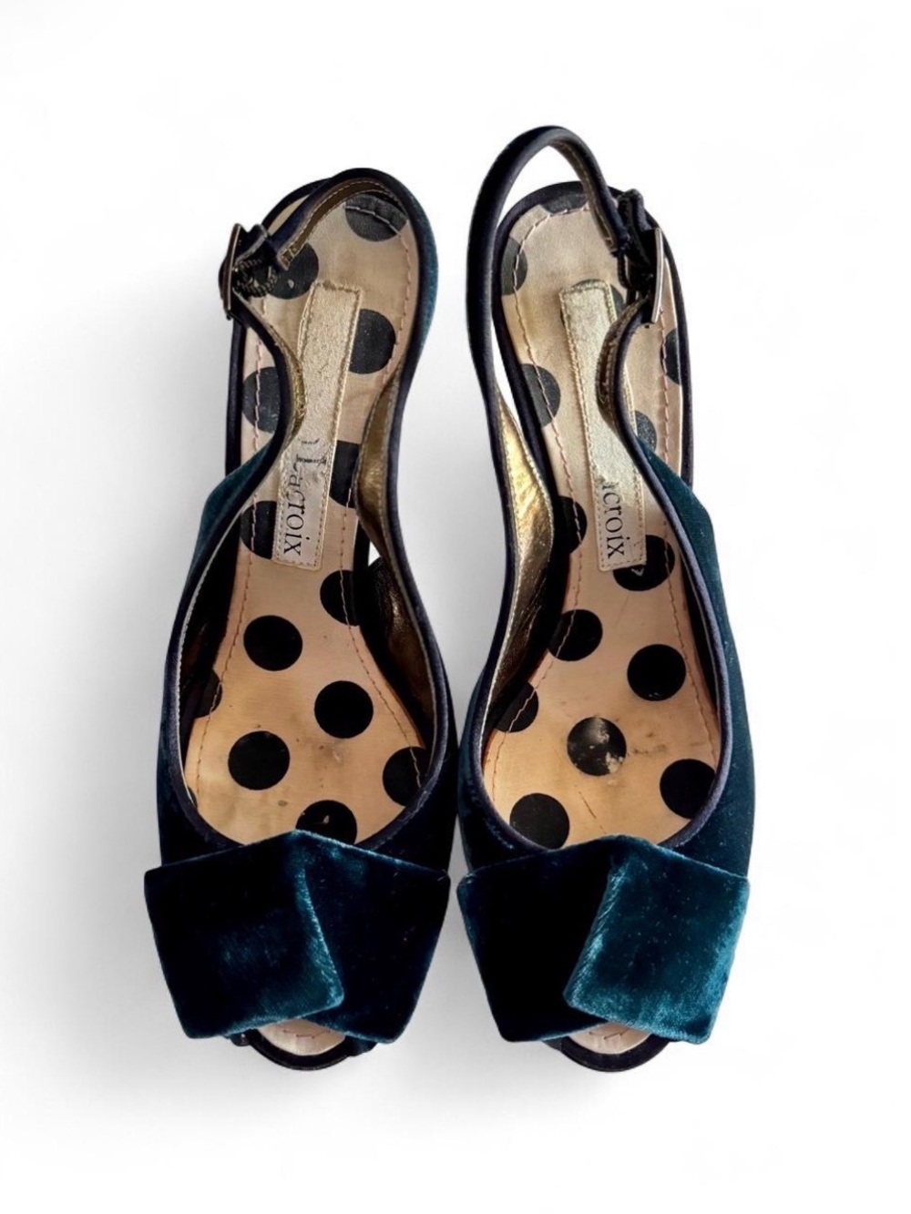 Christian Lacroix Teal Velvet Slingback Heels with Bow Detail size 37